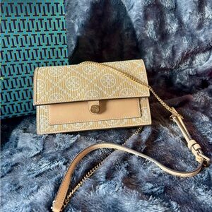 Tory Burch T Monogram Raffia Gold Chain purse Natural
